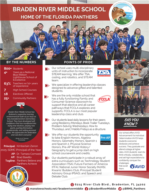 Snapshot information of what Braden River Middle School has to offer.